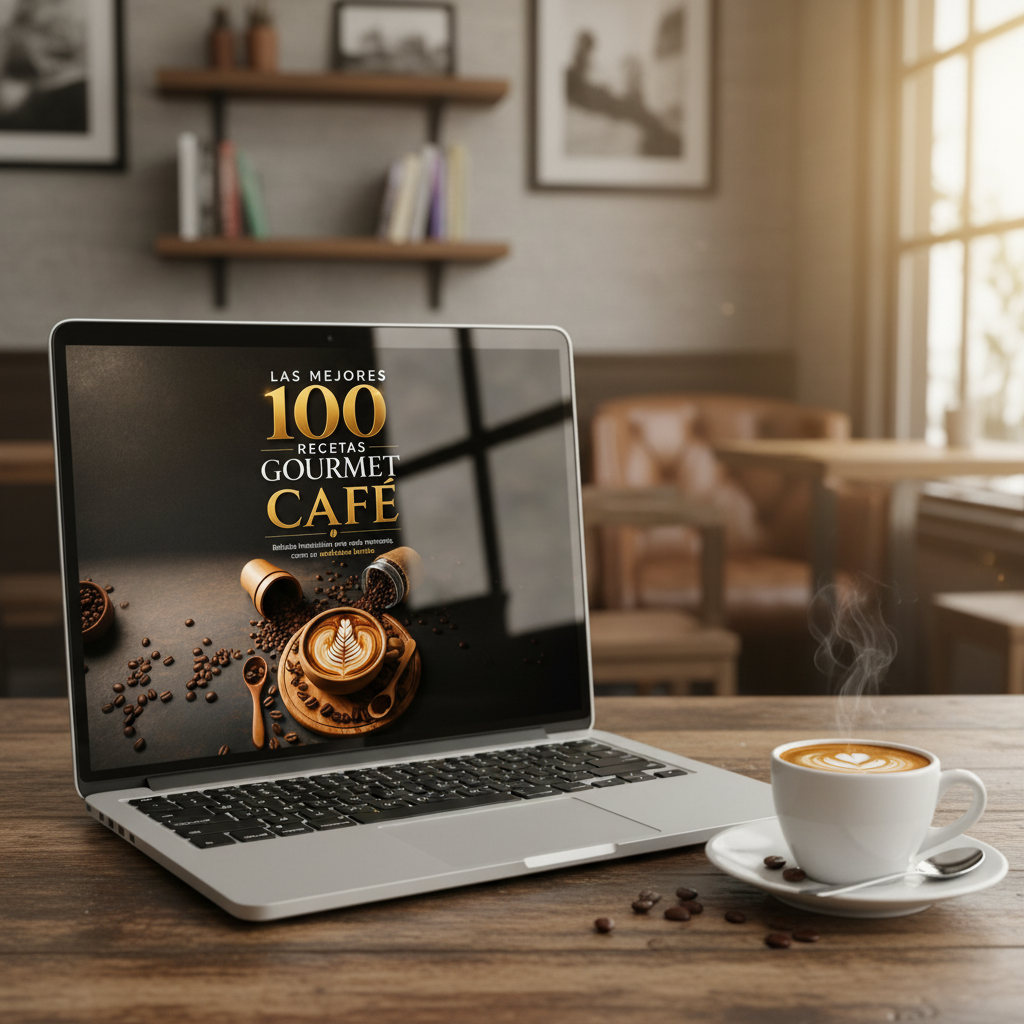 Mockup guía digital en laptop en cafetería